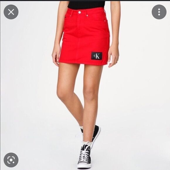 Y2K Style CK Calvin Klein Tango Red Denim Mini Skirt 27 - Picture 2 of 6